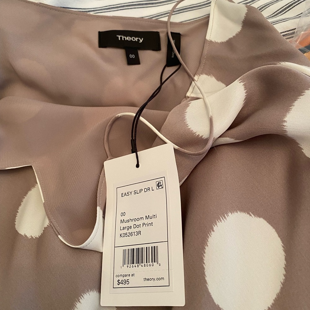 Theory Silk Taupe Maxi Slip Dress with Cream Polka Dots - Picture 3 of 3